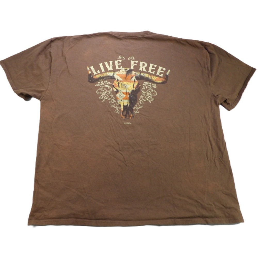 Light Source Live Free Bull Skull T-Shirt Men 3XL Brown Galatians 5:1 Cotton Tee